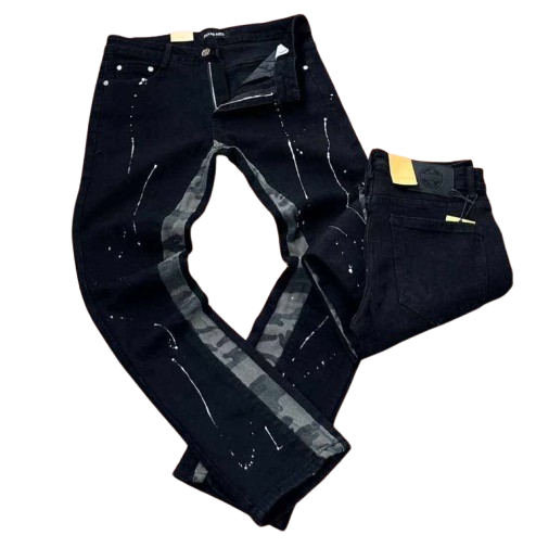 Camo-Paneled Paint Splatter Streetwear Jeans